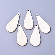 Unfinished Blank Poplar Wood Big Pendants, Undyed, Teardrop, for Jewelry Making, Floral White, 67.5x28.5x2.5mm, Hole: 3mm(WOOD-D021-13)