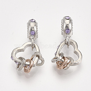 Alloy European Dangle Charms, with Rhinestone, Large Hole Pendants, Heart, Platinum & Rose Gold, 23.5mm, Hole: 4.5mm(MPDL-S066-079)