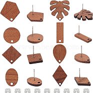 Olycraft Walnut Wood Stud Earring Findings, with 304 Stainless Steel Pins and Iron Ear Nuts, Mixed Shapes, Platinum, Earrings: 16pairs/box, Ear Nuts: 32pcs/box(DIY-OC0005-42P)