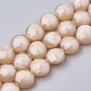 Opaque Solid Color Glass Beads Strands, Faceted, Flat Round, Navajo White, 14x8mm, Hole: 1~1.2mm, about 25pcs/strand, 13.77 inch(35cm)(GLAA-N032-05M)