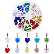 Faceted Glass Heart Pendants, with Alloy Findings and Iron Jump Rings, Antique Silver, Mixed Color, 27mm, 10 colors, 6pcs/color, 60pcs/set(PALLOY-PH01484)