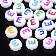 Initial Acrylic Beads, Horizontal Hole, Flat Round, Mixed Color, Letter.E, 7x3.5~4mm, Hole: 1.2mm, about 3700pcs/500g(OACR-E001-20E)