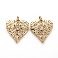 Brass Micro Pave Clear Cubic Zirconia Pendants, Long-Lasting Plated, With Jump Ring, Heart with Hamsa Hand, Real 18K Gold Plated, 20x19x3mm, Hole: 3mm, Jump Ring: 5x1mm(ZIRC-Z009-02G)