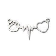 201 Stainless Steel Pendants, Laser Cut, Heartbeat with Cat Paw Print & Heart Charm, Stainless Steel Color, 15x27.5x1mm, Hole: 1.5mm(STAS-D041-01P)