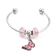 Brass European Torque Cuff Bangles, with Glass Beads and Alloy Enamel Printed Pendant, Butterfly, Pink, Inner Diameter: 1-7/8 inch(4.8cm)x2-1/4 inch(5.6cm)(BJEW-JB05356-03)