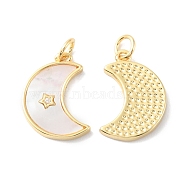 Rack Plating Brass Micro Pave Clear Cubic Zirconia Pendants, with Shell, Moon Charms, Long-Lasting Plated, Cadmium Free & Lead Free, Real 18K Gold Plated, 18x13x2.3mm, Hole: 3mm(KK-F852-30G)