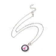 Glass Flat Round Pendant Necklace with Brass Chain, Breast Cancer Awareness Ribbon Jewelry for Women, Round Pattern, 18.70 inch(47.5cm)(NJEW-A003-01E)