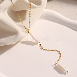 Natural Keshi Pearl Stick Pendant Stainless Steel Long Y Necklaces for Women, White, Real 18K Gold Plated, 16.54 inch(42cm)(SV1483)