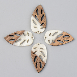 Opaque Resin & Walnut Wood Pendants, Leaf, Floral White, 38x20x3mm, Hole: 2mm(RESI-S389-048A-C04)