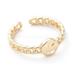 Brass Cuff Rings, Open Rings, Long-Lasting Plated, Smiling Face, Curb Chain Shape, Real 18K Gold Plated, US Size 8, Inner Diameter: 18mm(X-RJEW-Z006-L-01G)