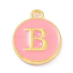 Golden Plated Alloy Enamel Charms, Enamelled Sequins, Flat Round with Alphabet, Letter.B, Pink, 14x12x2mm, Hole: 1.5mm(X-ENAM-Q437-14B)