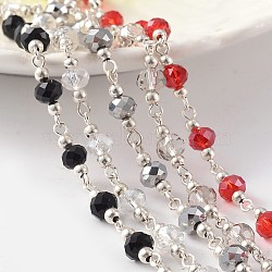 Silver Color Plated Brass Handmade Glass Beaded Chains, Unwelded, with Iron Beads, For Necklaces Bracelets Making, Mixed Color, 39.3 inch(AJEW-JB00195)