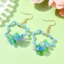 304 Stainless Steel Flower Glass Seed Beaded Dangle Earrings, Golden, Light Sky Blue, 58~64x32~34mm(EJEW-MZ00335-01)