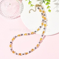 Natural Amber Beads & Cultured Freshwater Pearl Nuggets Beaded Necklaces, Mixed Dyed and Undyed, Golden, 16.73~17.13 inch(42.5~43.5cm)(NJEW-JN06406)