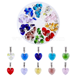 Faceted Glass Heart Pendants, with Alloy Findings and Iron Jump Rings, Antique Silver, Mixed Color, 27mm, 10 colors, 6pcs/color, 60pcs/set(PALLOY-PH01484)
