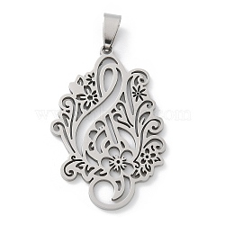 201 Stainless Steel Pendants, Musical Note with Flower Charm, Laser Cut, Anti-Tarnish, Stainless Steel Color, 44x29x1.5mm, Hole: 7.5x4.5mm(STAS-S157-24P)