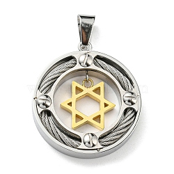 Ion Plating(IP) 304 Stainless Steel Pendants, Flat Round with Star of David, Golden & Stainless Steel Color, 33.5x29.5x6mm, Hole: 9x4mm(STAS-M329-02G)