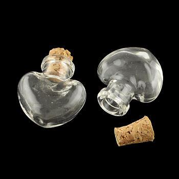 Heart Glass Bottle for Bead Containers, with Cork Stopper, Wishing Bottle, Clear, 25x22x11mm, Hole: 6mm, Bottleneck: 9.5mm in diameter, Capacity: 1ml(0.03 fl. oz)
