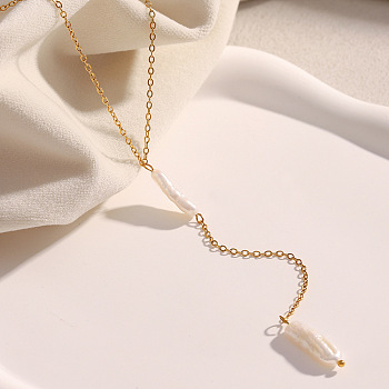 Natural Keshi Pearl Stick Pendant Stainless Steel Long Y Necklaces for Women, White, Real 18K Gold Plated, 16.54 inch(42cm)