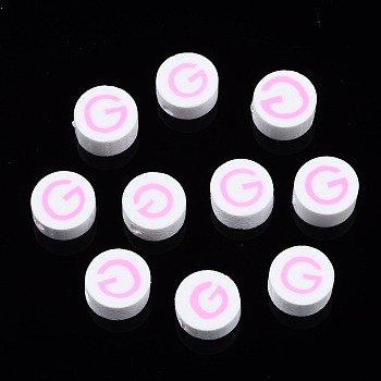 Handmade Polymer Clay Beads, Flat Round with Alphabet, White, Letter.G, 9x3.5~5mm, Hole: 1.6mm