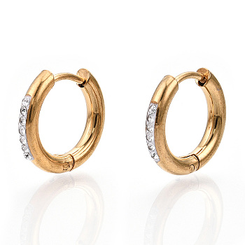 201 Stainless Steel Huggie Hoop Earrings, with 304 Stainless Steel Pins and Crystal Rhinestone, Ring, Golden, 15x2.5mm, Pin: 1mm