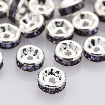 Brass Rhinestone Spacer Beads, Grade A, Straight Flange, Silver Color Plated, Rondelle, Tanzanite, 6x3mm, Hole: 1mm