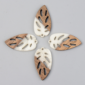 Opaque Resin & Walnut Wood Pendants, Leaf, Floral White, 38x20x3mm, Hole: 2mm