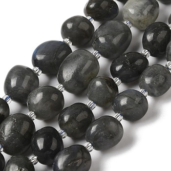 Natural Larvikite Beads Strands, with Seed Beads, Nuggets, Tumbled Stone, 6.5~12.5x6.5~13x6~15mm, Hole: 1.2mm, about 34pcs/strand, 14.96''(38cm)