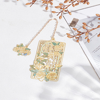 1Pc Zinc Alloy Enamel Bookmarks, Metal Flower Pendant BookMarker, Misty Rose, 195mm, flower: 75x39x0.8mm, pendant: 18x27x0.8mm