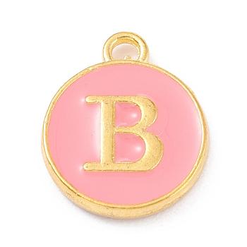 Golden Plated Alloy Enamel Charms, Enamelled Sequins, Flat Round with Alphabet, Letter.B, Pink, 14x12x2mm, Hole: 1.5mm