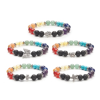Natural & Synthetic Mixed Gemstone Round Beaded Stretch Bracelet, Alloy Adjustable Bracelet for Women, Mixed Shapes, Inner Diameter: 2-1/8 inch(5.5cm)