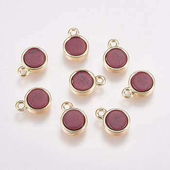 Synthetic Turquoise Charms, with Brass Findings, Real 18K Gold Plated, Dyed, Flat Round, Dark Red, 9x6.5x2mm, Hole: 1mm