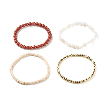 4Pcs 4 Style Natural Rainbow Moonstone & Red Jasper & Synthetic Turquoise(Dyed) Beaded Stretch Bracelets Set, Gemstone Jewelry for Women, Inner Diameter: 2-3/8 inch(6cm), 1Pc/style