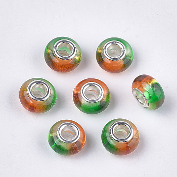 Resin European Beads, Large Hole Beads, with Brass Double Cores, Two Tone, Rondelle, Sandy Brown, 14x8.5~9mm, Hole: 5mm