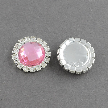 Shining Flat Back Faceted Half Round Acrylic Rhinestone Cabochons, with Grade A Crystal Rhinestones and Brass Cabochon Settings, Silver Color Plated Metal Color, Pearl Pink, 21x5.5mm
