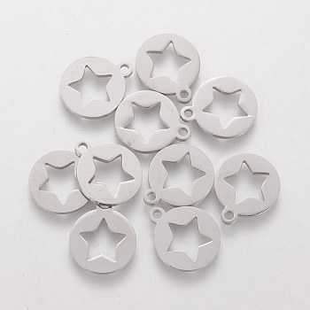 201 Stainless Steel Pentacle Charms, Flat Round with Star, Stainless Steel Color, 14x12x1.2mm, Hole: 1.5mm