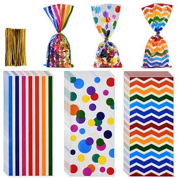 100Pcs 3 Styles Rectangle OPP Cellophane Candy Bags, Cookie Cellophane Bags, with Twist Ties, Mixed Patterns, Mixed Color, 27.1x12.4x0.004cm