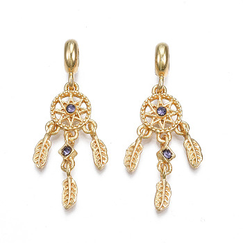 Rack Plating Alloy European Dangle Charms, with Tanzanite Rhinestone, Large Hole Beads, Cadmium Free & Lead Free, Woven Net/Web with Feather, Light Gold, 43mm, Hole: 4.5mm, Feather: 11x3.5x1.5mm