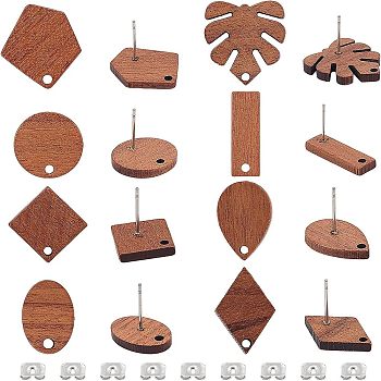 Olycraft Walnut Wood Stud Earring Findings, with 304 Stainless Steel Pins and Iron Ear Nuts, Mixed Shapes, Platinum, Earrings: 16pairs/box, Ear Nuts: 32pcs/box