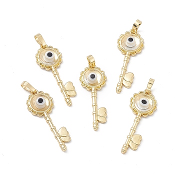 Handmade Evil Eye Lampwork Pendants, with Rack Plating Real 18K Gold Plated Brass Findings, Long-Lasting Plated, Flower Key with Heart, Clear, 33x12x3.5mm, Hole: 4x7mm