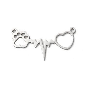 201 Stainless Steel Pendants, Laser Cut, Heartbeat with Cat Paw Print & Heart Charm, Stainless Steel Color, 15x27.5x1mm, Hole: 1.5mm