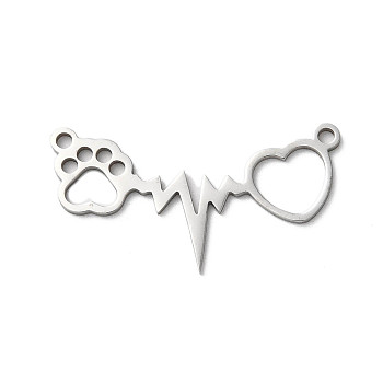 Non-Tarnish 201 Stainless Steel Pendants, Laser Cut, Heartbeat with Cat Paw Print & Heart Charm, Stainless Steel Color, 15x27.5x1mm, Hole: 1.5mm