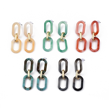 Acrylic & Aluminum Cable Chains Dangle Stud Earrings, with 304 Stainless Steel Pins and Plastic Ear Nuts, Oval, Golden & Stainless Steel Color, Mixed Color, 47x15mm, Pin: 0.7mm