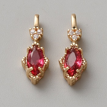 Brass Micro Pave Cubic Zirconia Pendants, Rhombus Charms, Red, 18.5x7x4.5mm, Hole: 3.5x1.5mm