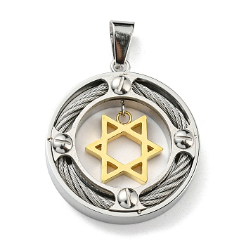 Ion Plating(IP) 304 Stainless Steel Pendants, Flat Round with Star of David, Golden & Stainless Steel Color, 33.5x29.5x6mm, Hole: 9x4mm