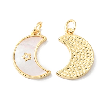 Rack Plating Brass Micro Pave Clear Cubic Zirconia Pendants, with Shell, Moon Charms, Long-Lasting Plated, Cadmium Free & Lead Free, Real 18K Gold Plated, 18x13x2.3mm, Hole: 3mm