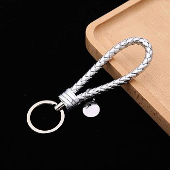 PU Leather Knitting Keychains, Wristlet Keychains, with Platinum Tone Plated Alloy Key Rings, Silver, 12.5x3.2cm