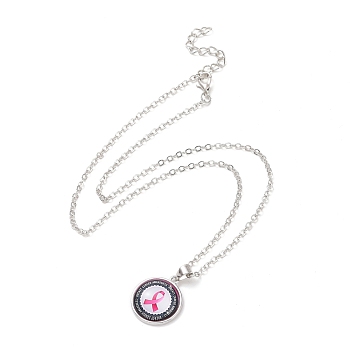 Glass Flat Round Pendant Necklace with Brass Chain, Breast Cancer Awareness Ribbon Jewelry for Women, Round Pattern, 18.70 inch(47.5cm)