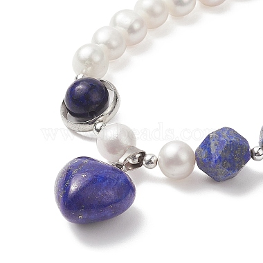 Pulsera con dije de corazón de lapislázuli natural con cadenas de perlas naturales para mujer(BJEW-TA00255-01)-4