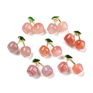 Natural Yan Yuan Agate Pendants, Cherry Charms with Rack Plating Golden Tone Brass Enamel Findings, Long-Lasting Plated, 13.5x17.5x7.5mm, Hole: 1mm(X-G-P509-02G)